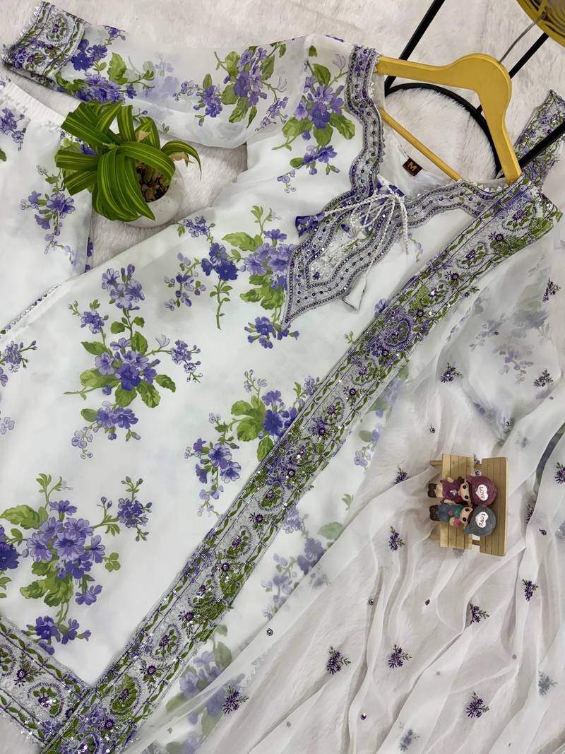 White floral print embroidery faux georgette kurta set