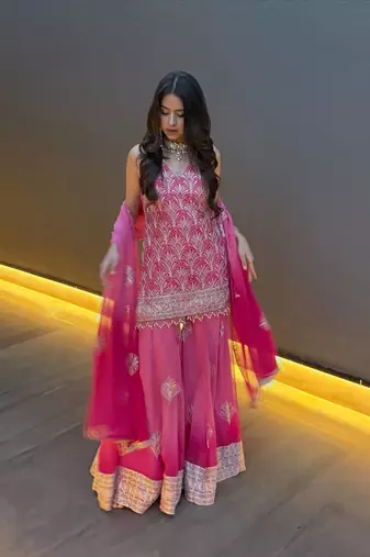 Pink embroidery printed faux georgette kurta set
