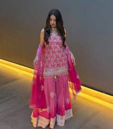 Pink embroidery printed faux georgette kurta set