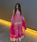 Pink embroidery printed faux georgette kurta set