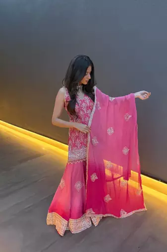 Pink embroidery printed faux georgette kurta set