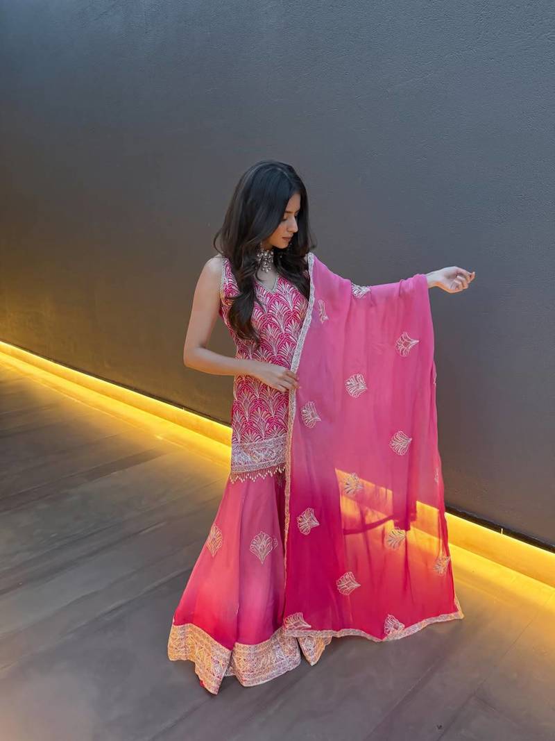 Pink embroidery printed faux georgette kurta set