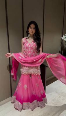 Pink embroidery printed faux georgette kurta set 3