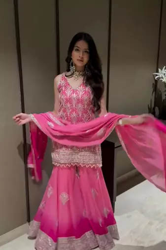 Pink embroidery printed faux georgette kurta set