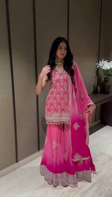 Pink embroidery printed faux georgette kurta set 4