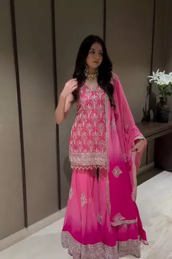 Pink embroidery printed faux georgette kurta set