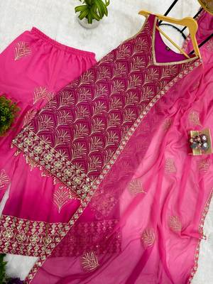 Pink embroidery printed faux georgette kurta set 5