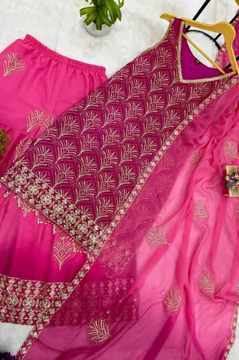 Pink embroidery printed faux georgette kurta set