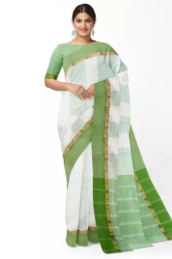 Mint green white checked saree with green border