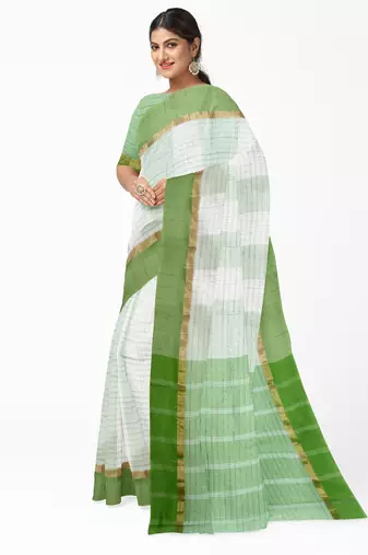 Mint green white checked saree with green border