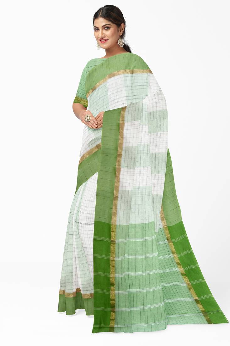 Mint green white checked saree with green border