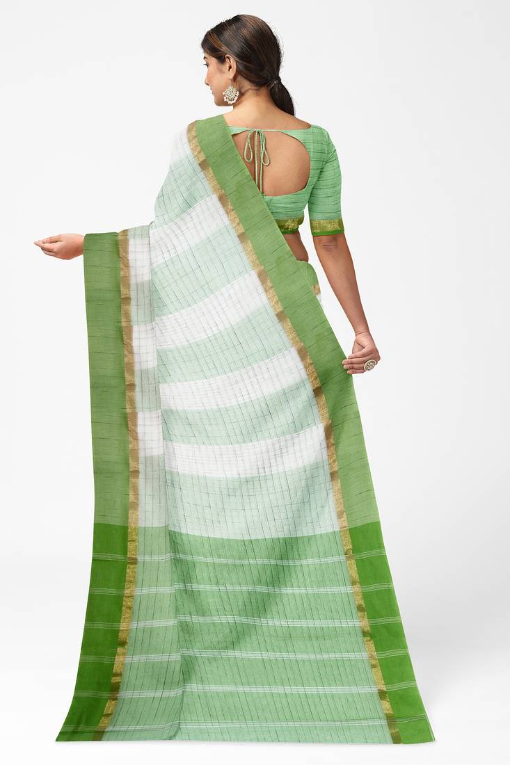 Mint green white checked saree with green border
