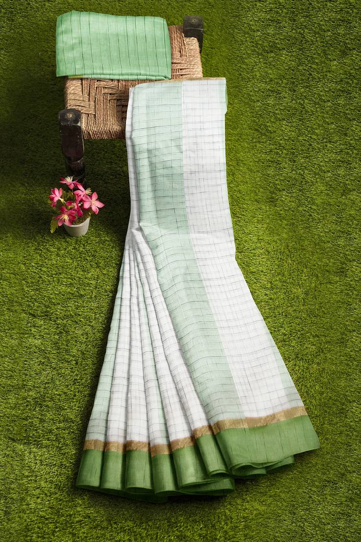 Mint green white checked saree with green border