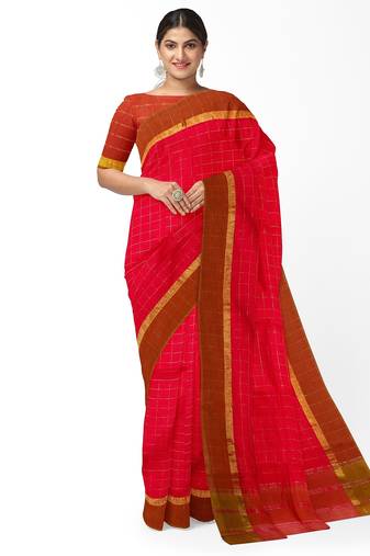 Rani pink checked saree with brown border