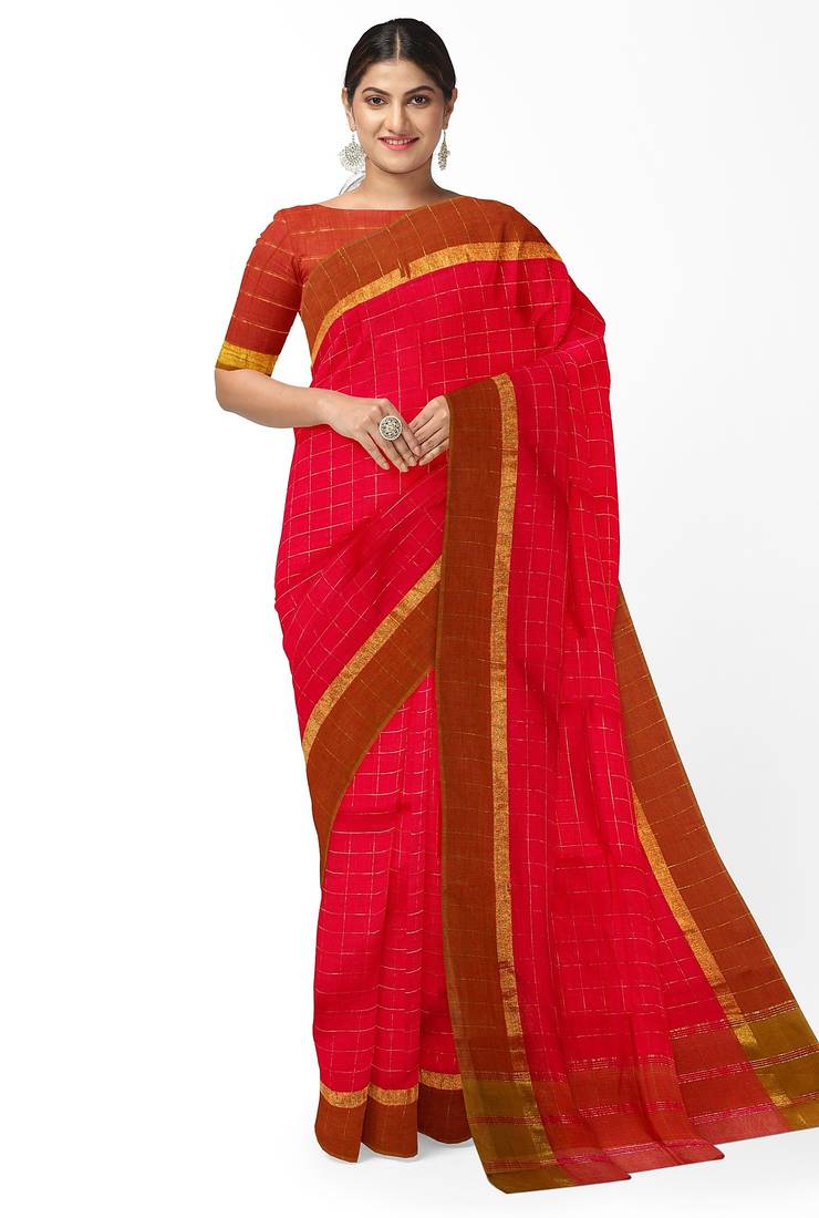 Rani pink checked saree with brown border