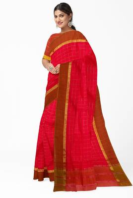 Rani pink checked saree with brown border 2