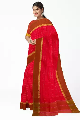 Rani pink checked saree with brown border