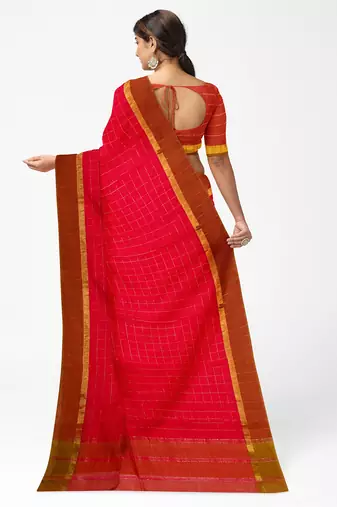 Rani pink checked saree with brown border