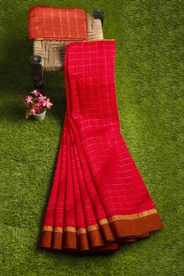 Rani pink checked saree with brown border 4