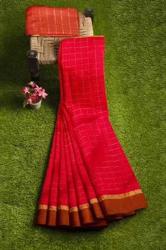 Rani pink checked saree with brown border
