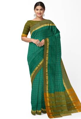 teal green checked cotton blend saree with olive zari border 1