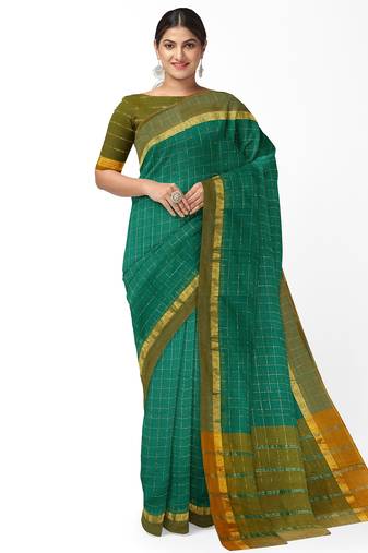 teal green checked cotton blend saree with olive zari border