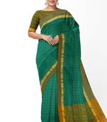 teal green checked cotton blend saree with olive zari border