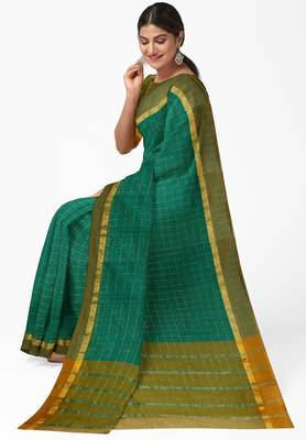 teal green checked cotton blend saree with olive zari border 2