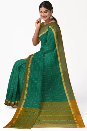 teal green checked cotton blend saree with olive zari border