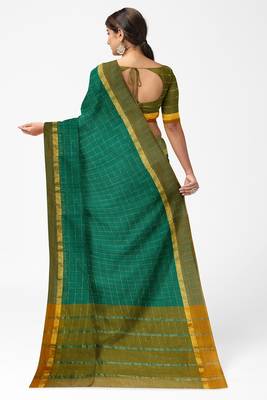 teal green checked cotton blend saree with olive zari border 3