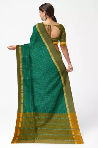 teal green checked cotton blend saree with olive zari border