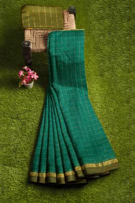 teal green checked cotton blend saree with olive zari border 4
