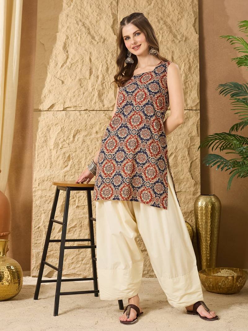 Printed Square Neck  Cotton Straight Short Kurti