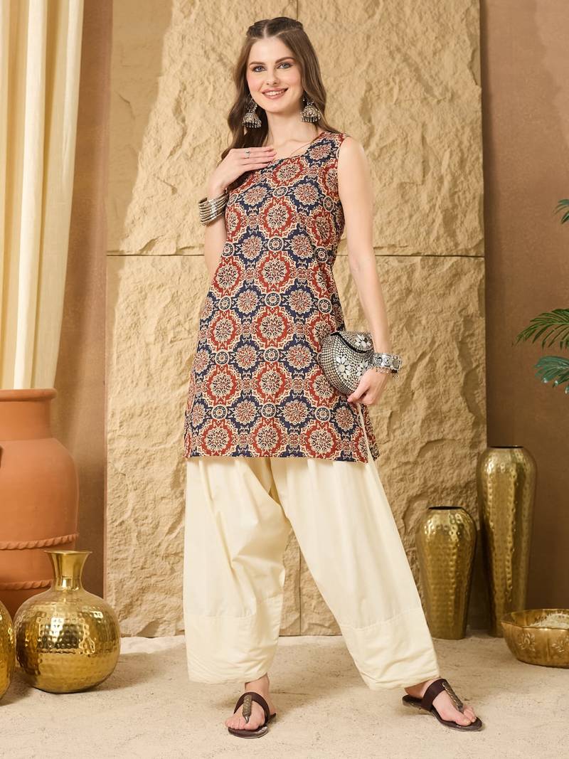 Printed Square Neck  Cotton Straight Short Kurti