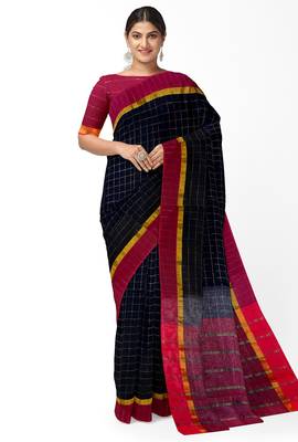 Black checked saree with magenta border 1