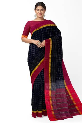 Black checked saree with magenta border