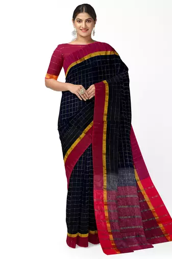 Black checked saree with magenta border