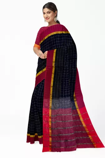 Black checked saree with magenta border