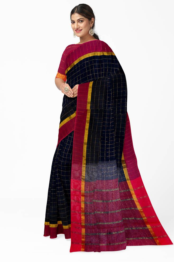 Black checked saree with magenta border