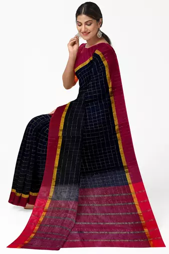 Black checked saree with magenta border