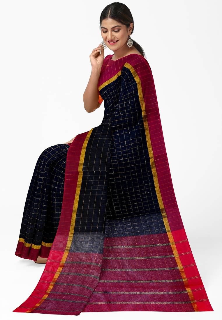 Black checked saree with magenta border