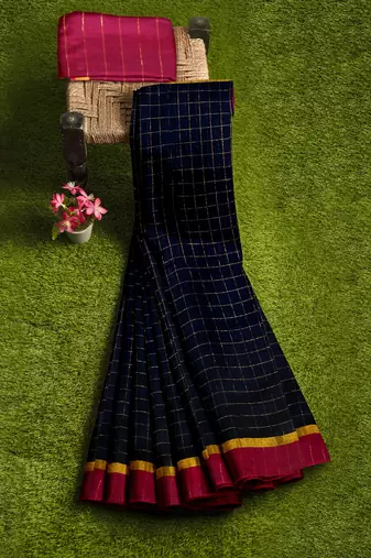 Black checked saree with magenta border