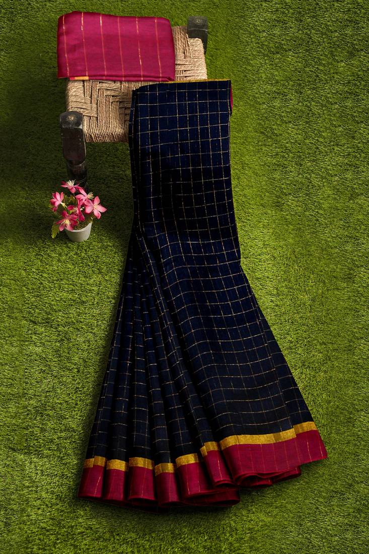 Black checked saree with magenta border