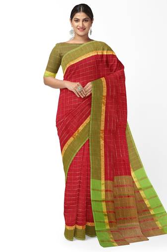 Brick red checked saree with light green border