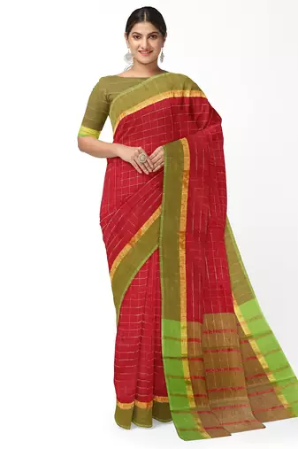 Brick red checked saree with light green border