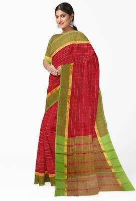 Brick red checked saree with light green border 2