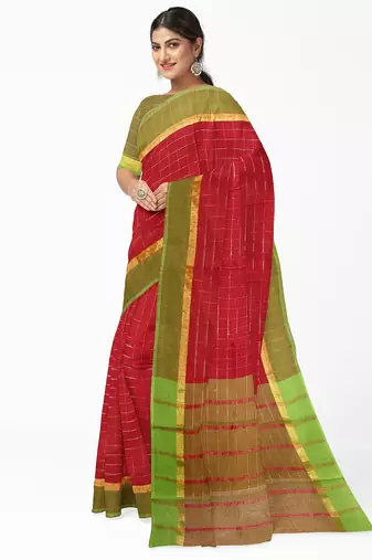 Brick red checked saree with light green border
