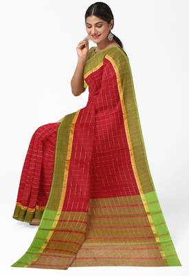 Brick red checked saree with light green border 3
