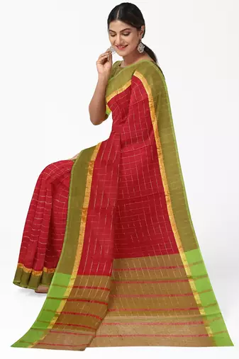 Brick red checked saree with light green border