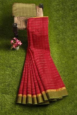 Brick red checked saree with light green border 4